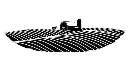 A black and white illustration of a farm with a barn and fields silhouette © MIRAJ02