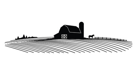 A black silhouette of a rural farm landscape with a barn and horse © MIRAJ02