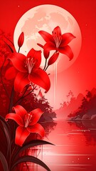 Red Lilies, Moonlit Landscape