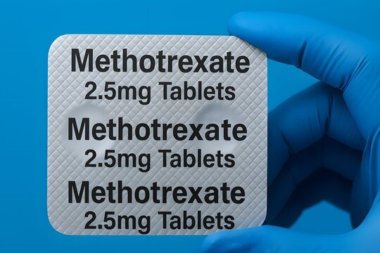 Blister pack labeled &ldquo;Methotrexate 2.5mg Tablets&rdquo; held by gloved hand on blue background, symbolizing pharmaceutical dosage and clinical precision