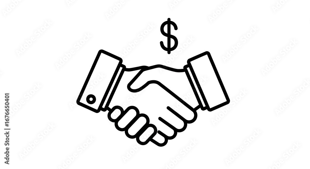 Poster a line drawing showing a handshake with a dollar sign above it on a white background
