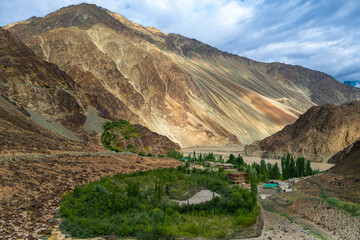 Nubra Valley Landscape with a Village and Mountain Range in Ladakh, India