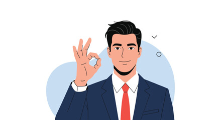 Confident businessman gesturing ok sign with a smile and blue circles in background