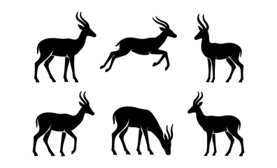 Fototapeta premium Silhouette antelope set: graceful poses in black silhouette art on white background