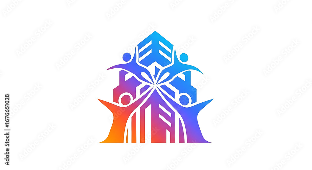 Poster abstract building with people forming a community in gradient colors on a white background
