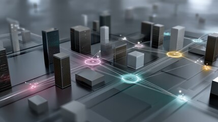 Networked city of servers.  Abstract cityscape, server racks, interconnected by glowing lines, forming a technological urban grid
