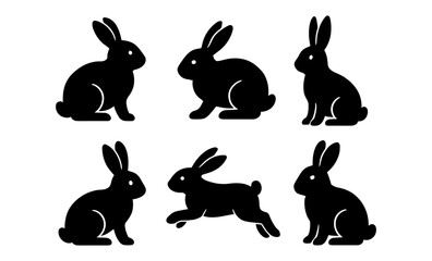 Silhouette rabbits in various poses on white background