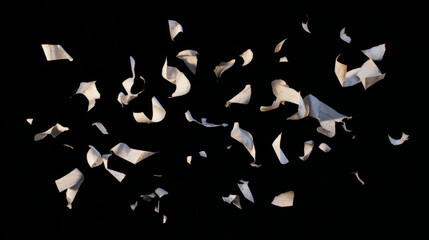 Falling paper fragments, against black background, symbol of fading memories