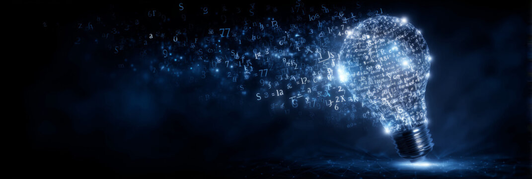 abstract light bulb composed of particles and floating letters, on deep blue,conceptual education theme