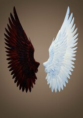 Obraz premium 3D render of contrasting wings: sharp glowing dark red on left, smooth, glowing, white feathered on right, brown background. 