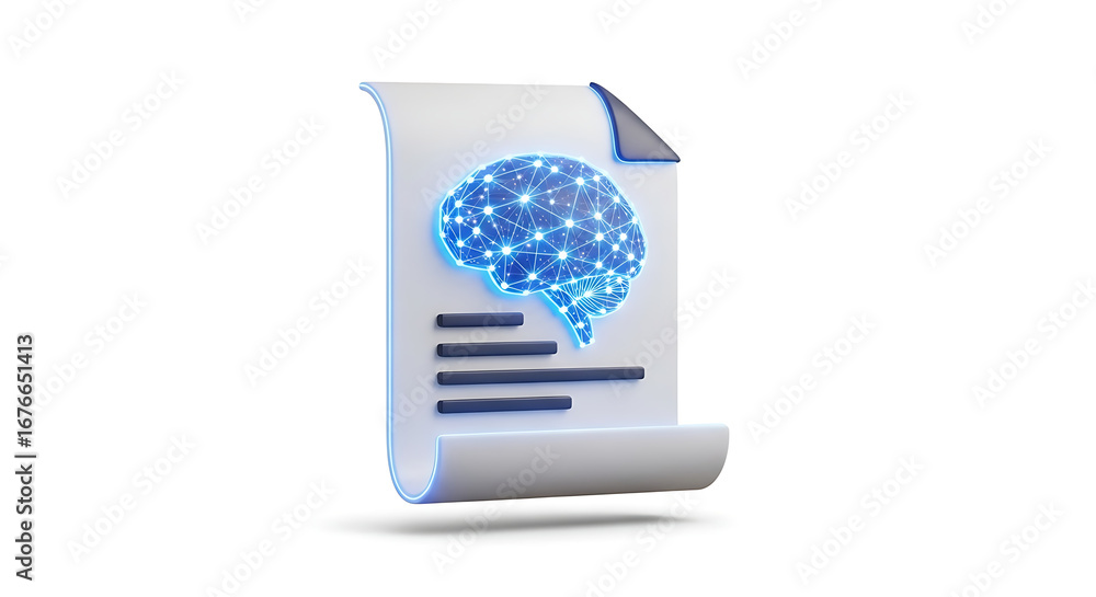 Poster a document with a glowing brain graphic and three lines of text on a white background surface