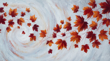 abstract leaf movement concept, dynamic swirl of maple leaves on white textured background