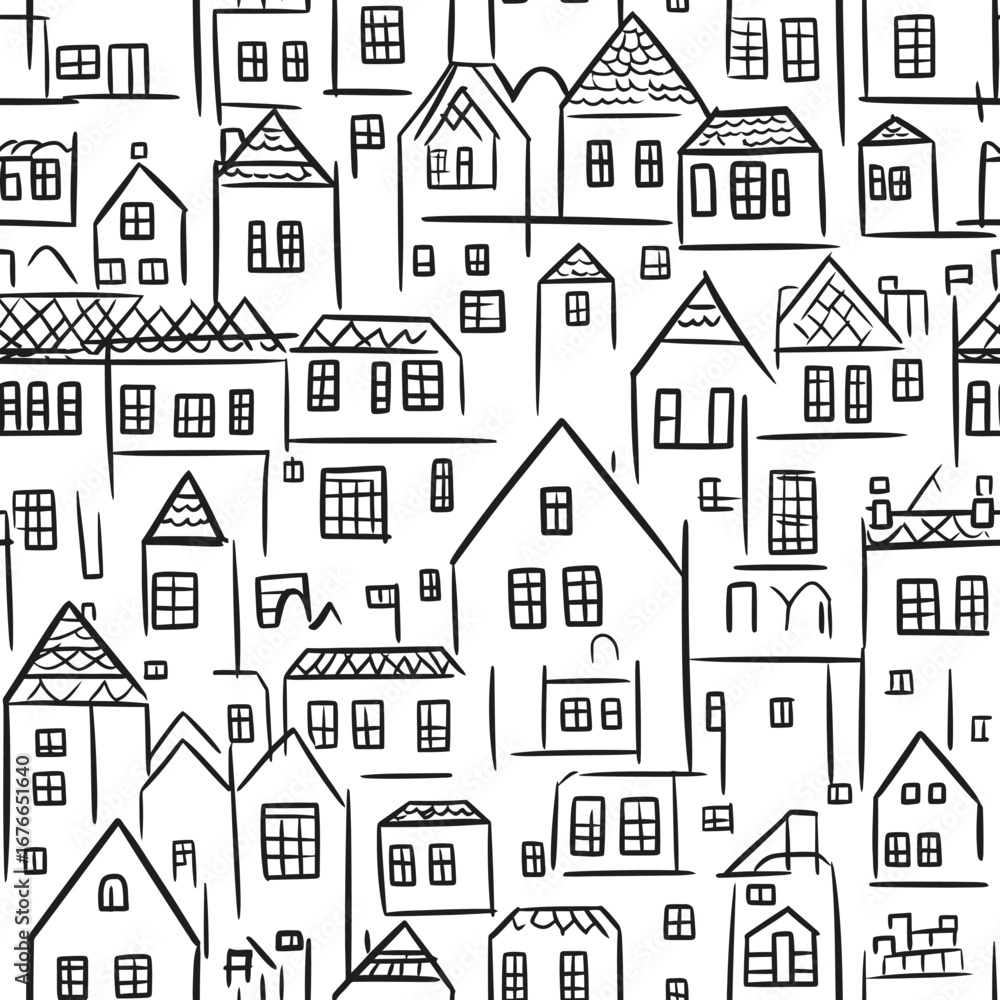 Poster Seamless black and white hand drawn house pattern with varied roof styles and window shapes for background texture or print design
