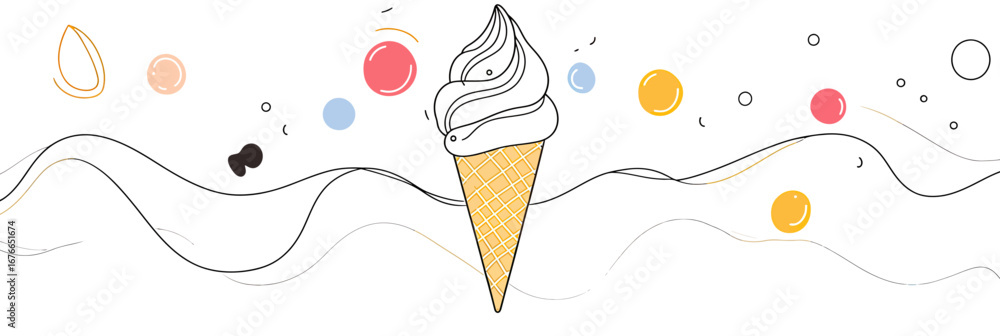 Poster minimalist continuous line drawing of ice cream cone with swirl soft serve and colorful decorative d