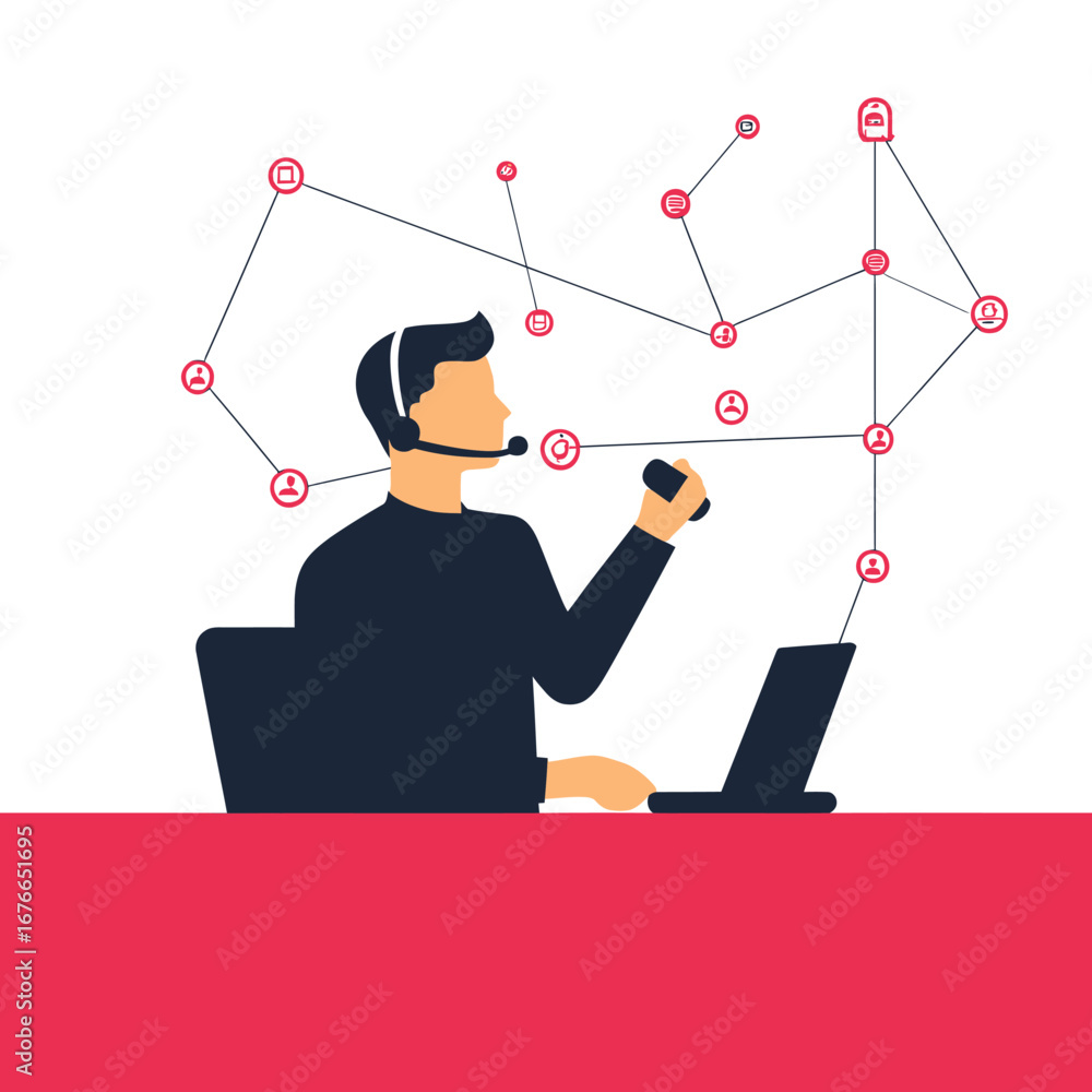 Aufkleber businessman call center operator with headset using laptop and hand gesture with network connection 