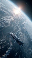 Obraz premium Spaceship flying above Earth with sun shining in the background