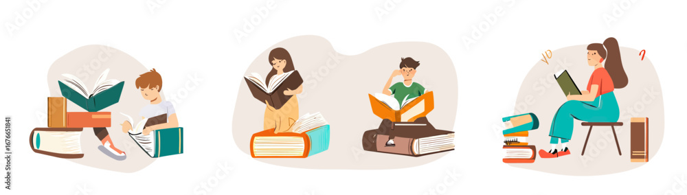 Poster children reading books and studying with open books in hands sitting and standing in various reading