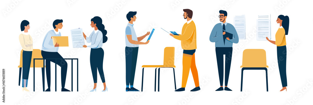 Poster flat vector illustration of hiring process with hr managers and job candidates discussing resumes an