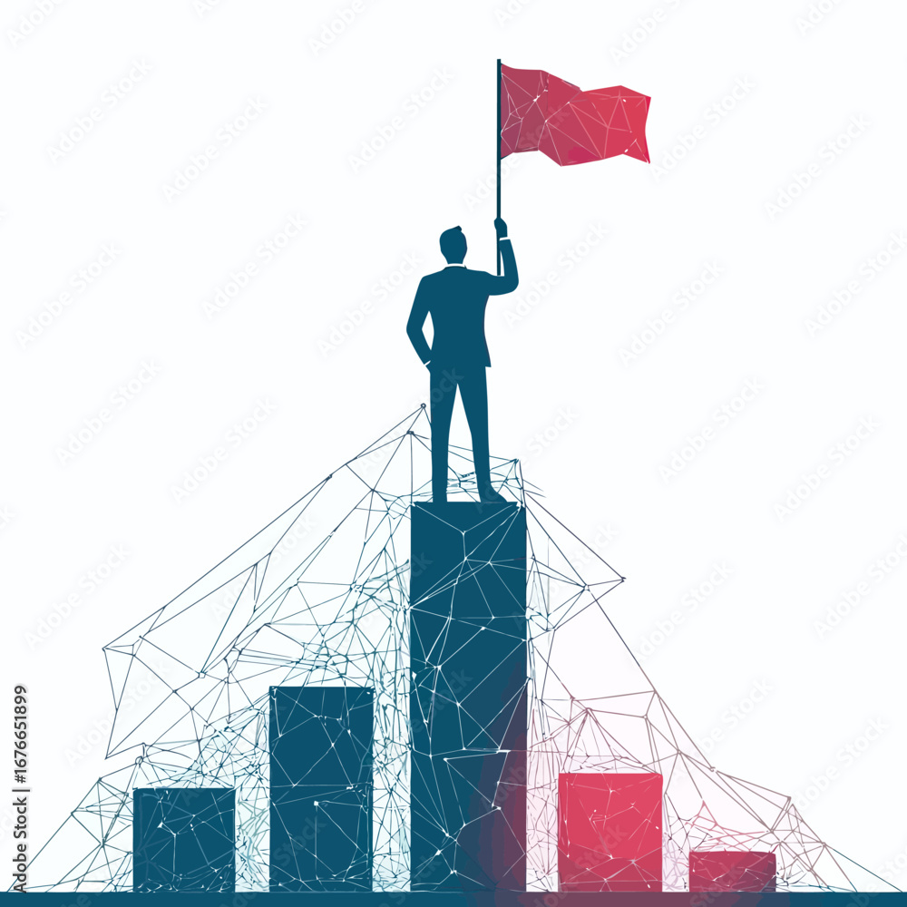 Poster silhouette of businessman holding red flag standing on tallest bar in polygon connected bar graph di