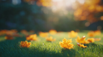 golden autumn maple leaves gently scattered on green grass with glowing backlight