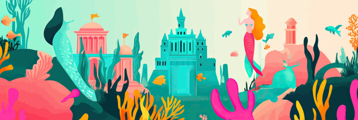 Whimsical underwater mermaid kingdom with coral reef, colorful fish, fantasy castle and mermaid in vibrant flat minimalist vector illustration