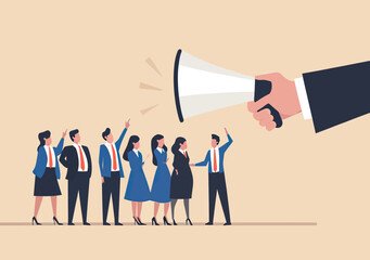 Business people group listening to large megaphone held by hand leadership communication concept flat vector illustration