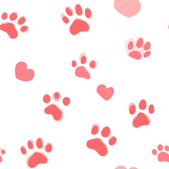 Seamless pattern of pink dog and cat paw prints with small hearts on white background for pet love and animal care designs
