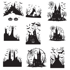 Obraz premium Spooky Halloween Jack-O’-Lantern Silhouettes | Creepy Ghosts, Bats & Pumpkins Vector Set
