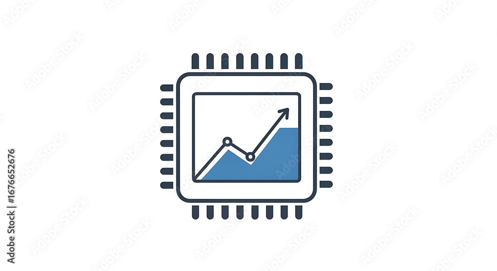 Poster illustration of a microchip with an upward trending graph inside on a white background image