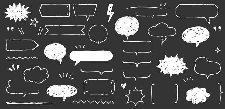 Speech bubble text frame dialog cloud hand drawn set. Crayon chalk doodle talk speech bubble frame. Hand drawn line chalk frame, think balloon, children doodle text cloud icon. Vector illustration


 - Powered by Adobe