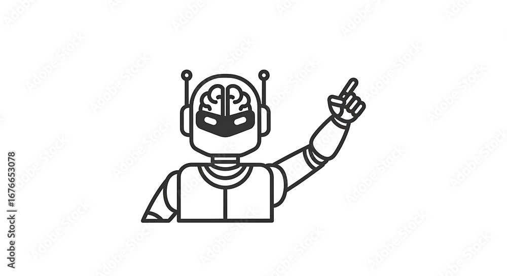 Poster outline drawing of a robot with a brain visible in its head and pointing upwards in a white backgrou