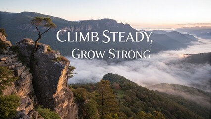 Majestic mountain landscape with inspiring message at sunrise