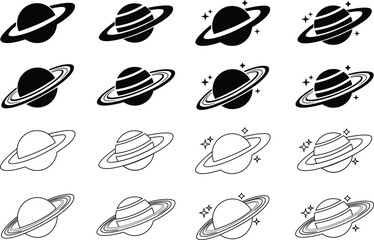 Saturn planet icons set in black flat and line styles. Astronomy orbit cosmic galaxy space celestial body solar system ringed planet silhouette illustration designs isolated on transparent background.