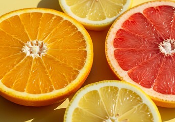 Fototapeta premium Fresh Citrus Fruit Halves - Orange, Lemon, and Grapefruit