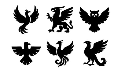 Fototapeta premium Mythical creature silhouettes: phoenix, griffin, and owl icons
