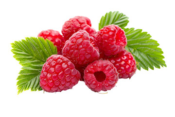 Juicy Raspberries with Green Leaves on Black Background
