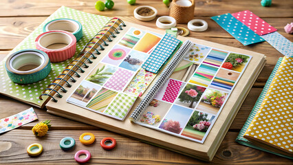 scrapbook open with photos stickers and colors