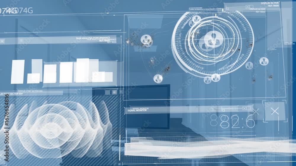 Poster animation of diverse data processing on digital screens over open space office