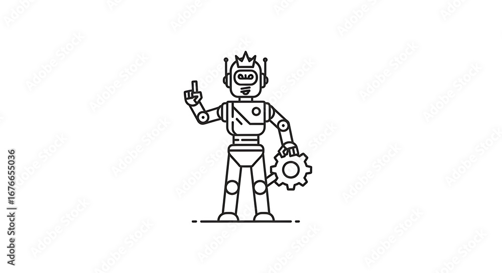 Poster line drawing of a robot holding a gear with its finger pointing up on a white background
