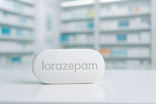 White lorazepam tablet with engraved label in pharmacy background, symbolizing anxiety treatment, benzodiazepine use, and mental health care