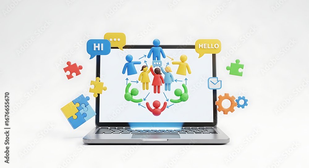 Poster laptop displaying a team communication concept with speech bubbles and puzzle pieces around it