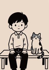 Boy and Cat Simple Illustration on a Bench