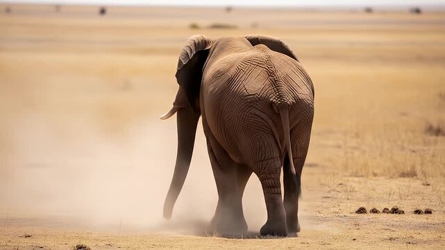Elephant Peeing While Walking Through African Savanna Dusty Landscape