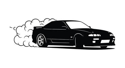 Black silhouette of a sports car with smoke from the tires on a white background © Kuntol02