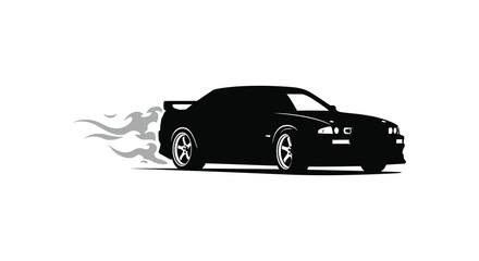 Black silhouette of a sports car with flames coming out of the back