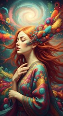 A serene woman with vibrant hair and swirling patterns