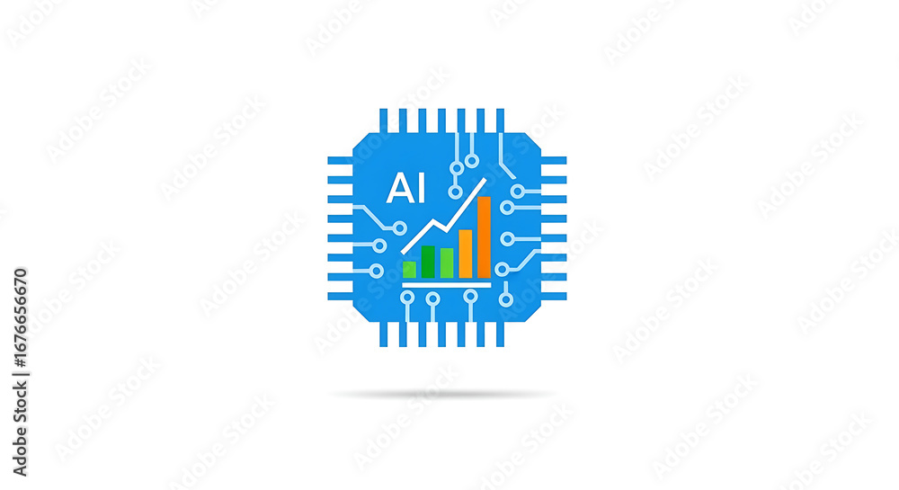 Poster illustration of blue ai chip with graph and rising bars on a white background in vector format