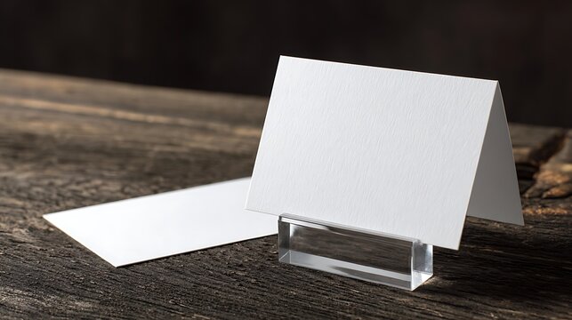 Blank Place Cards Displayed on Rustic Wooden Table with Modern Holder