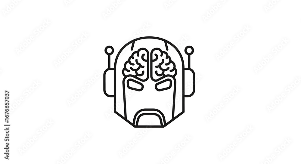 Poster a minimalist line drawing of a robot head with a brain visible inside the head cavity on white