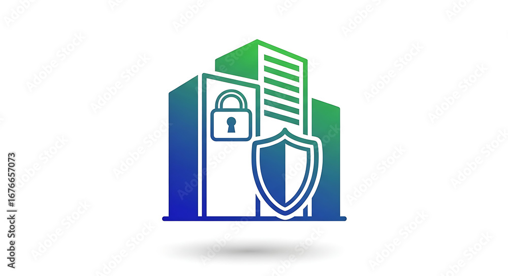 Poster buildings with padlock and shield representing security and protection gradient color design